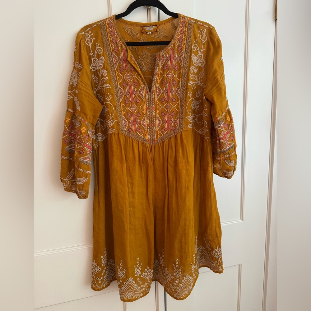 Johnny Was Mustard color embroidered mini dress